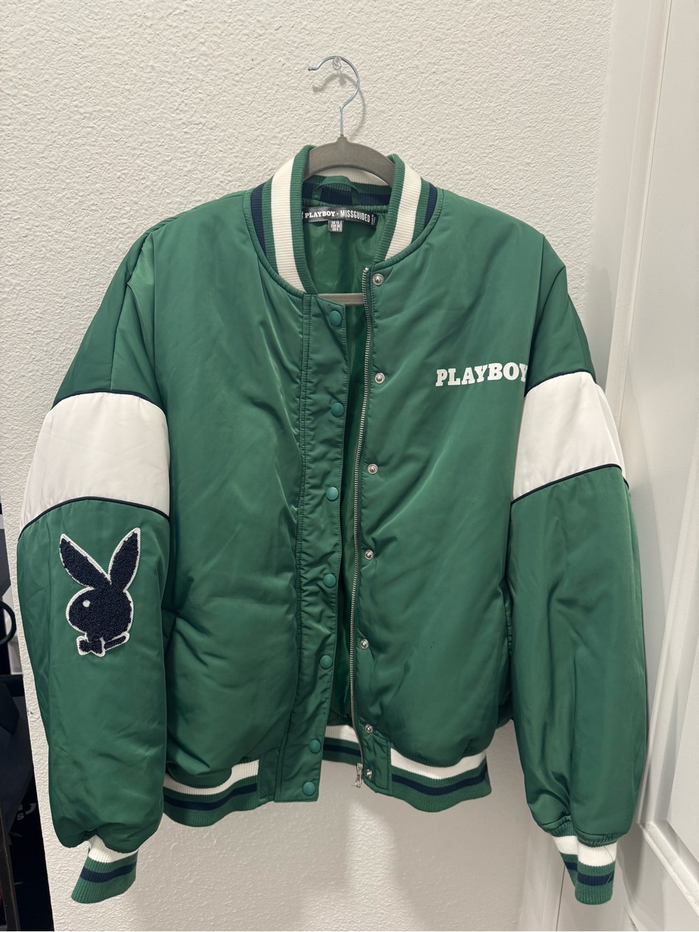 PLAYBOY Missguided Green Satin Bomber with White Trim